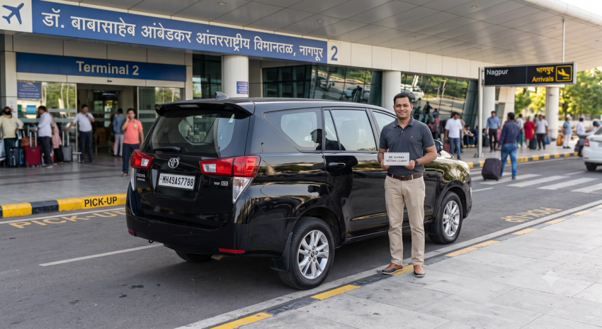 Professional driver with car ready for airport or city pickup in Nagpur