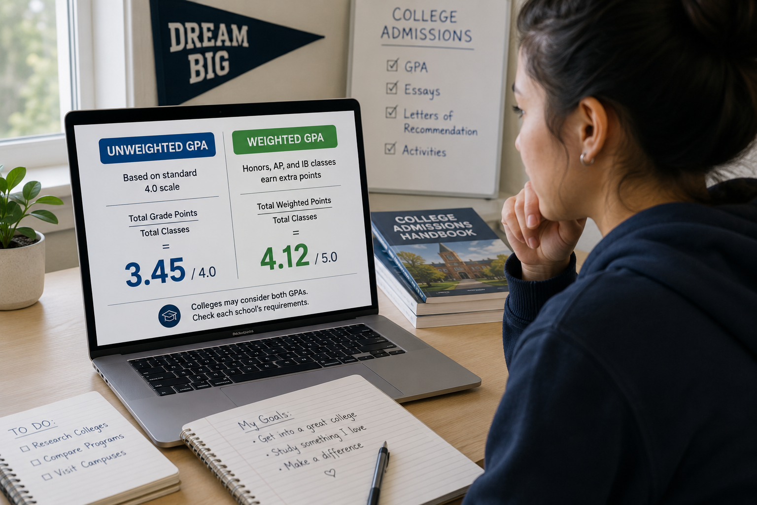 Student comparing weighted vs unweighted GPA for college admissions