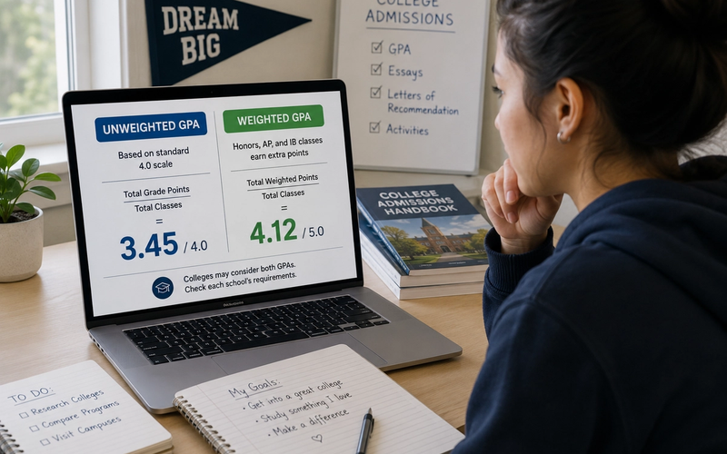 Student comparing weighted vs unweighted GPA for college admissions
