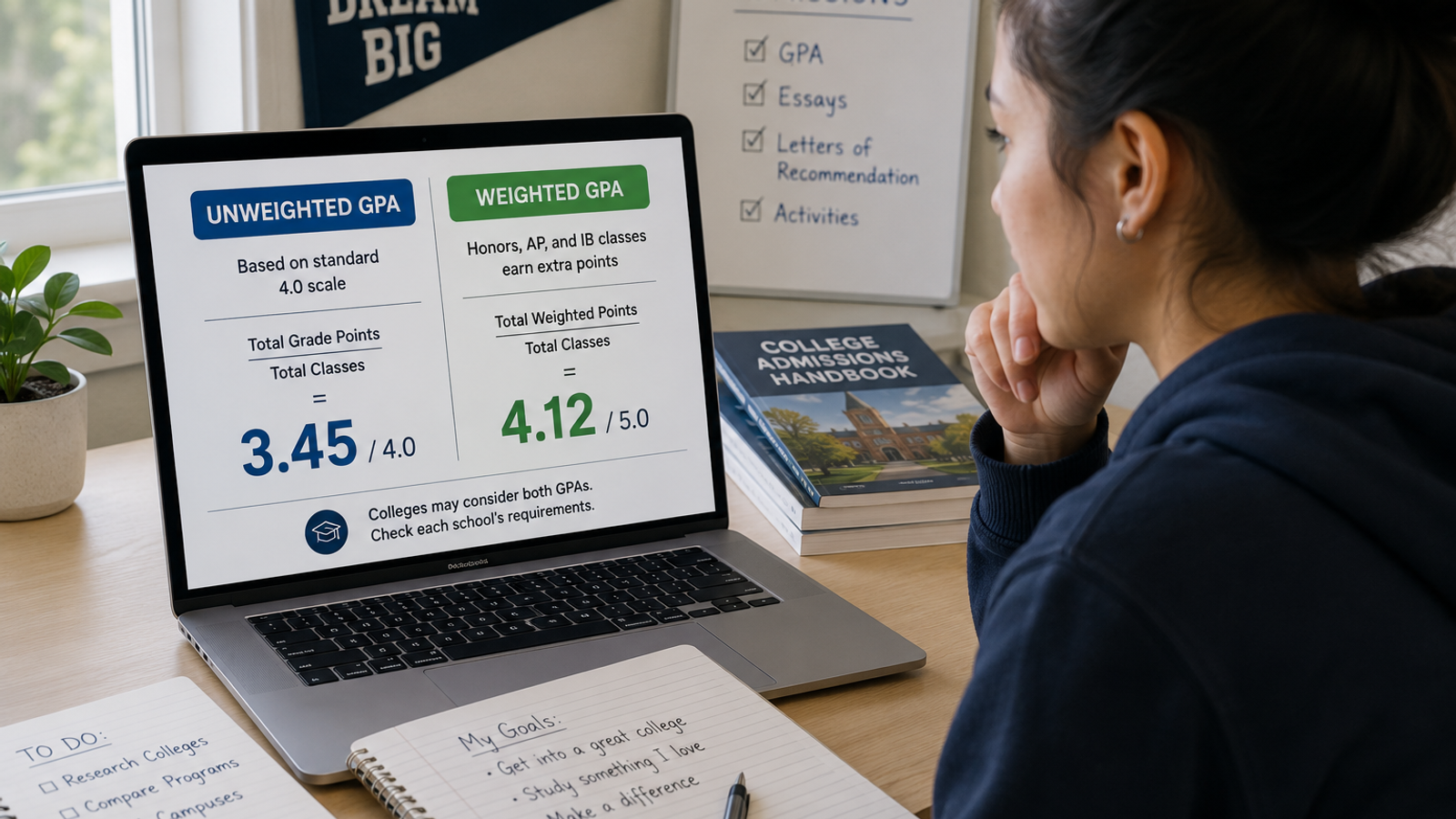 Student comparing weighted vs unweighted GPA for college admissions