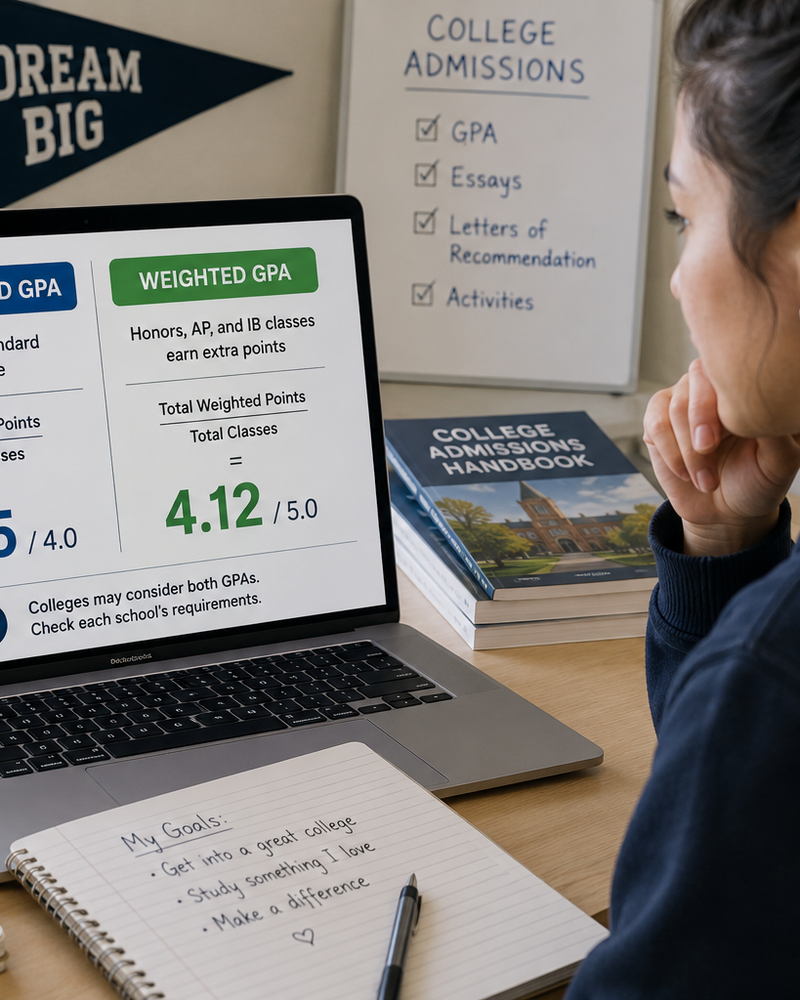 Student comparing weighted vs unweighted GPA for college admissions