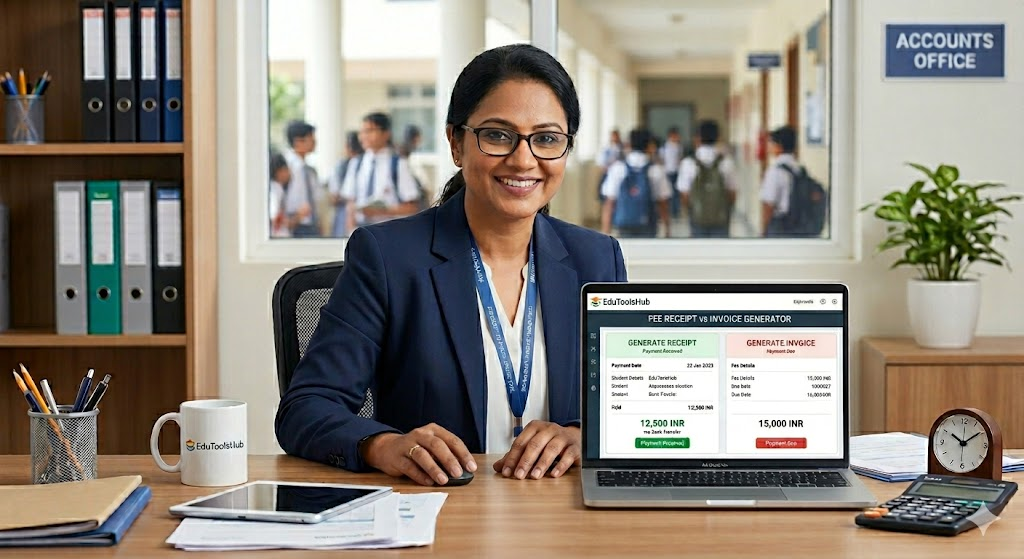 School administrator in the Accounts Office, demonstrating the "Fee Receipt vs Invoice Generator" software on a laptop, which displays student fee payment options 