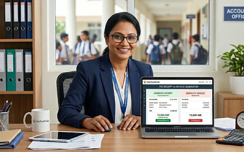 School administrator in the Accounts Office, demonstrating the "Fee Receipt vs Invoice Generator" software on a laptop, which displays student fee payment options