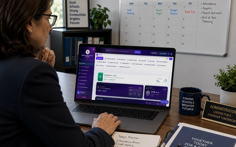 Administrator reviewing school management software dashboard on a laptop