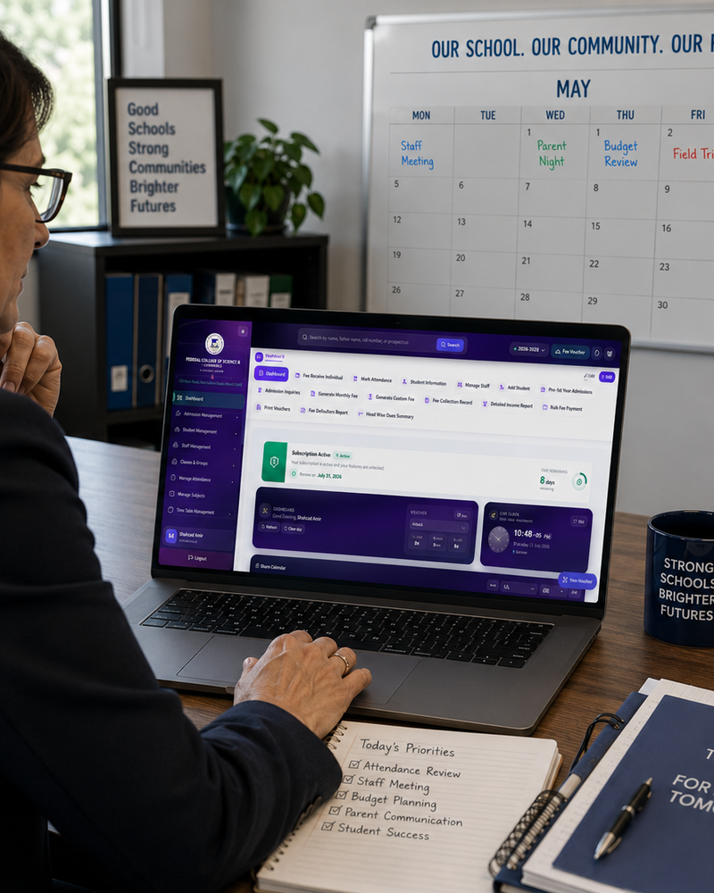 Administrator reviewing school management software dashboard on a laptop