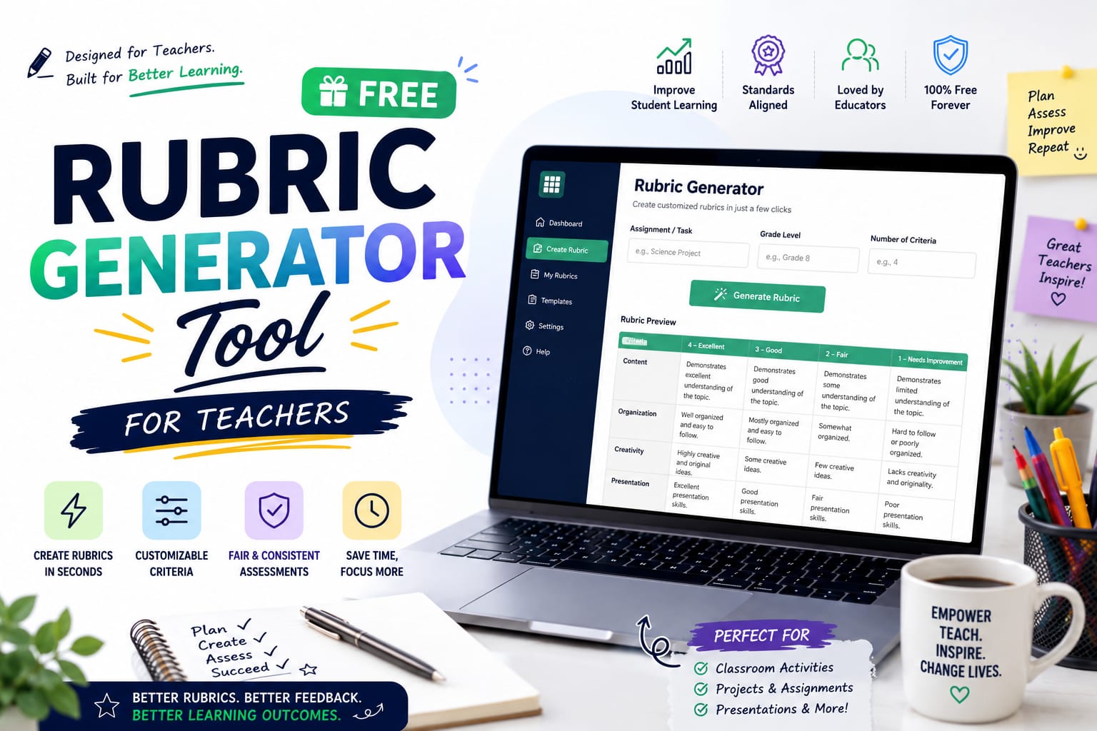 Laptop displaying a free rubric generator tool for teachers with a rubric preview, surrounded by classroom supplies and educational icons