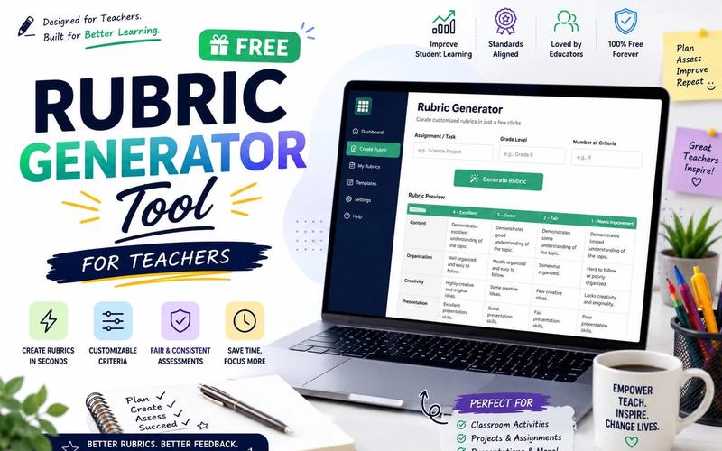Laptop displaying a free rubric generator tool for teachers with a rubric preview, surrounded by classroom supplies and educational icons
