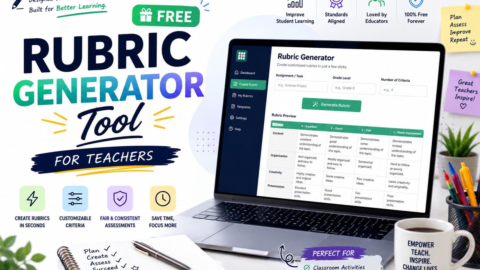 Laptop displaying a free rubric generator tool for teachers with a rubric preview, surrounded by classroom supplies and educational icons
