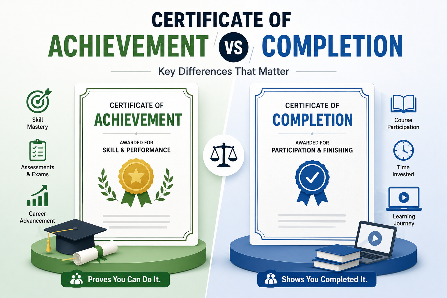 Side-by-side illustration comparing a Certificate of Achievement and a Certificate of Completion, highlighting the difference between skill-based certification and course completion.