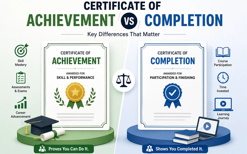 Side-by-side illustration comparing a Certificate of Achievement and a Certificate of Completion, highlighting the difference between skill-based certification and course completion.