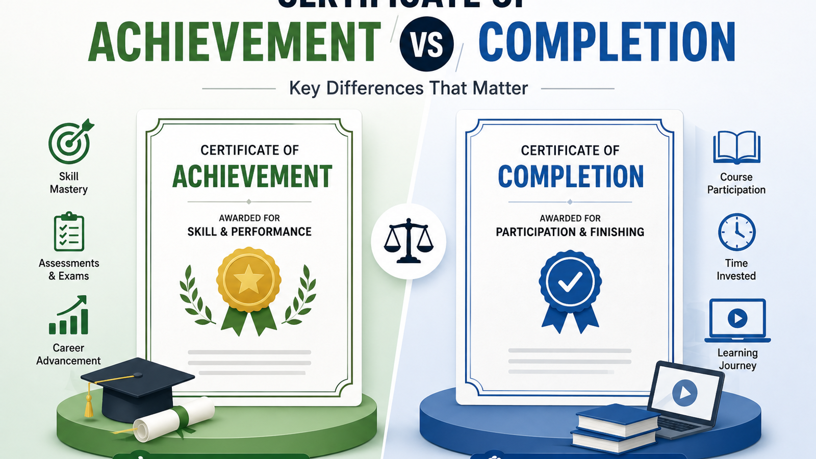 Side-by-side illustration comparing a Certificate of Achievement and a Certificate of Completion, highlighting the difference between skill-based certification and course completion.