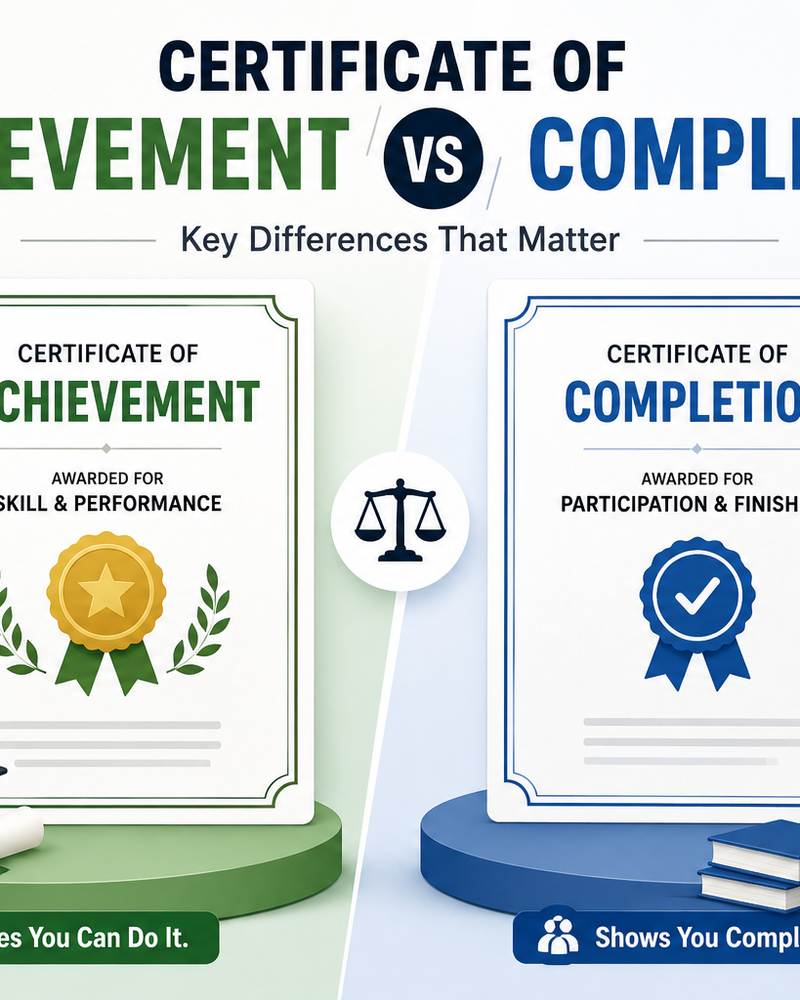 Side-by-side illustration comparing a Certificate of Achievement and a Certificate of Completion, highlighting the difference between skill-based certification and course completion.