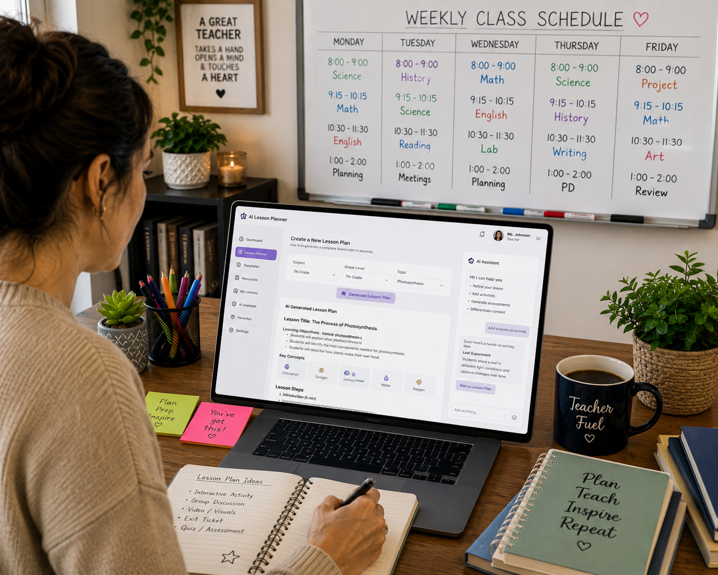 Teacher using an AI tool for lesson planning on a laptop