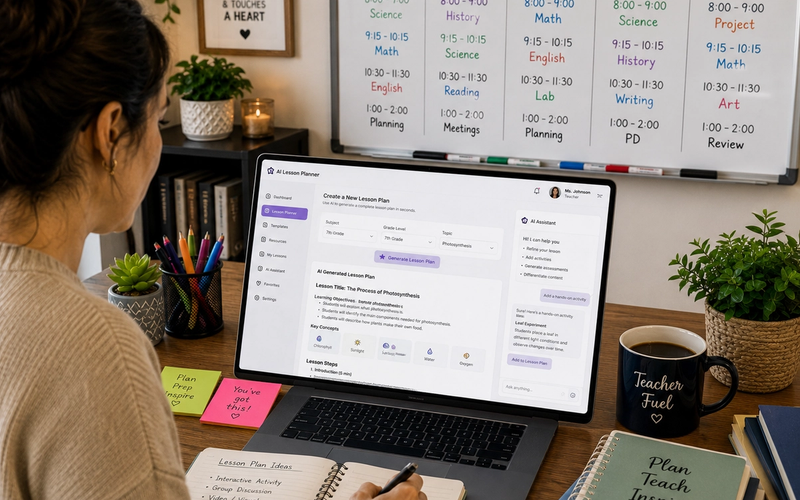 Teacher using an AI tool for lesson planning on a laptop