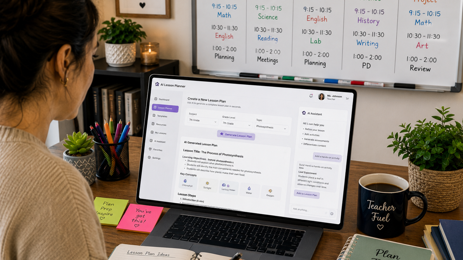 Teacher using an AI tool for lesson planning on a laptop