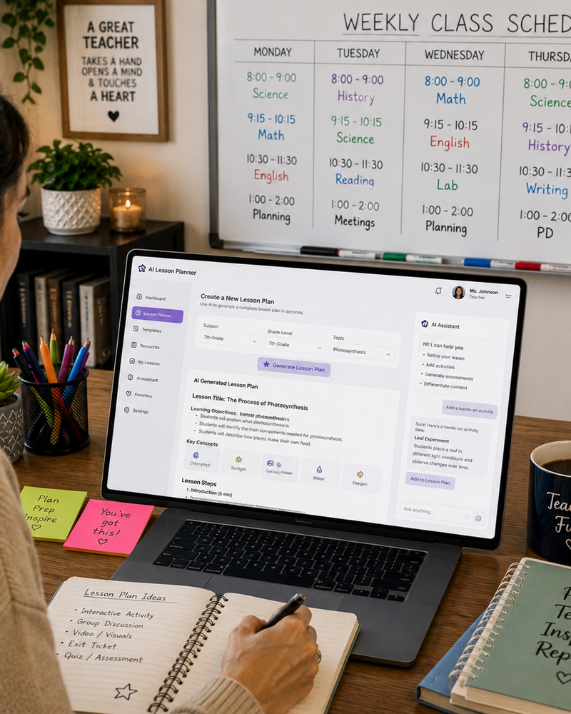 Teacher using an AI tool for lesson planning on a laptop