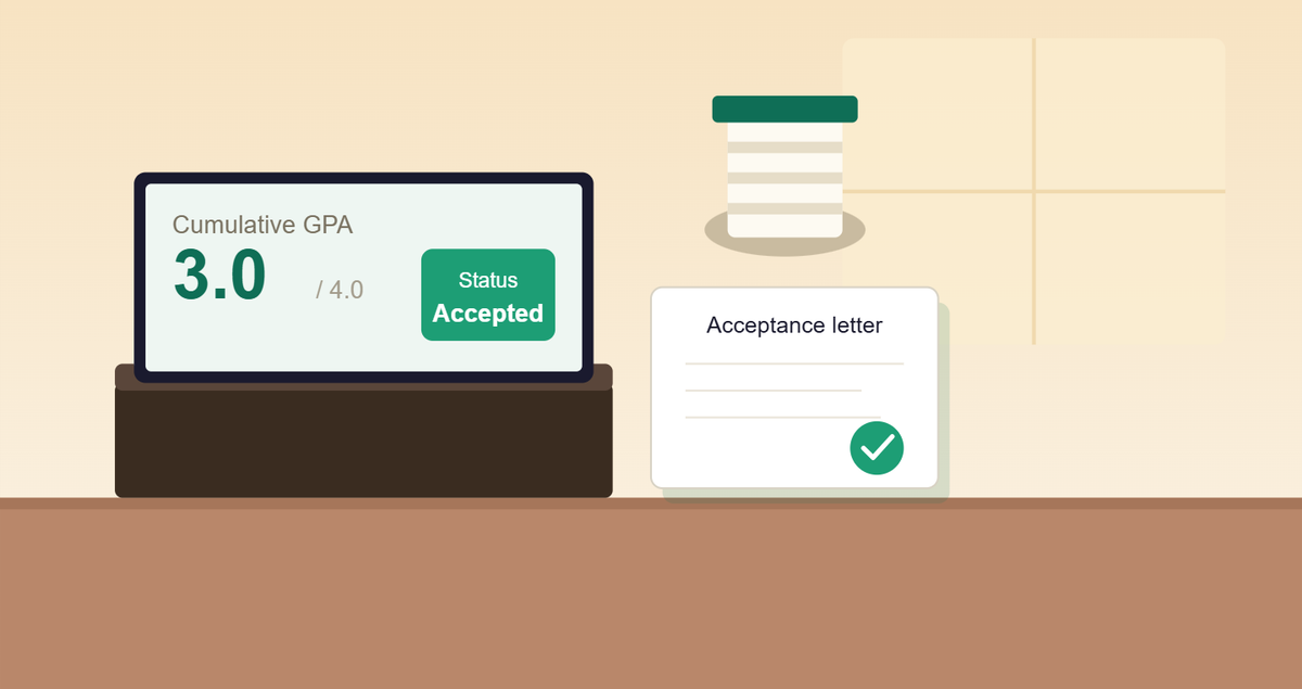 Laptop showing a 3.0 GPA report card and college acceptance letter, illustrating how a 3.0 GPA can get you into college