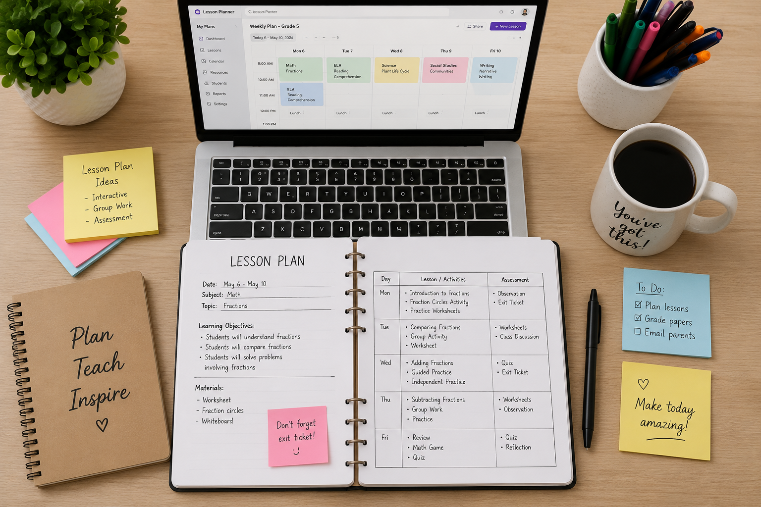 Teacher using a free lesson plan template on a laptop next to a printed weekly planner