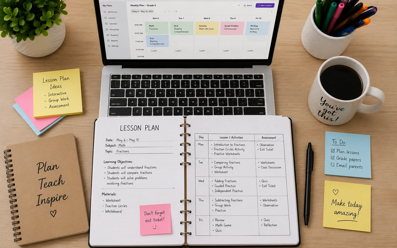 Teacher using a free lesson plan template on a laptop next to a printed weekly planner