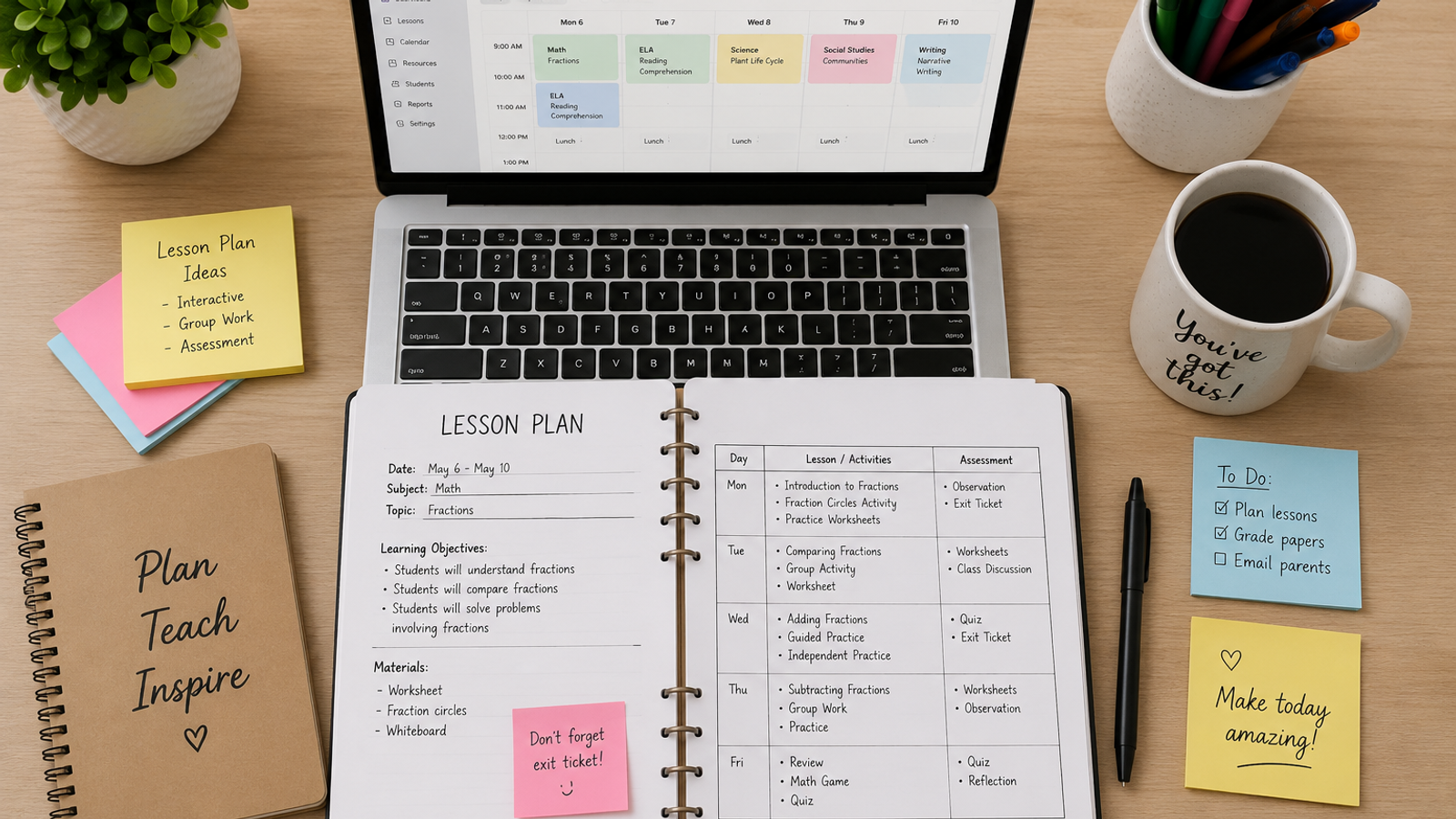 Teacher using a free lesson plan template on a laptop next to a printed weekly planner