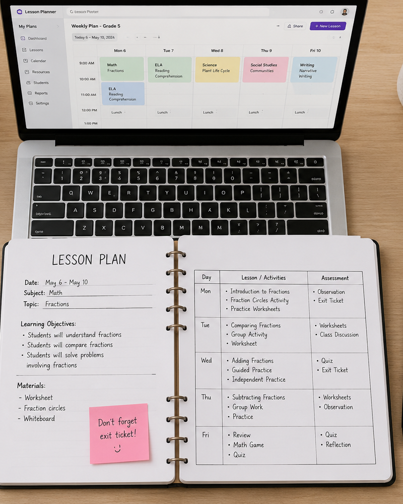 Teacher using a free lesson plan template on a laptop next to a printed weekly planner