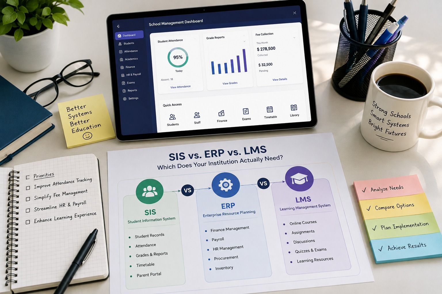 Modern school management software dashboard comparing SIS, ERP, and LMS modules with student records, finance, HR, and online learning features.
