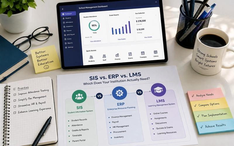 Modern school management software dashboard comparing SIS, ERP, and LMS modules with student records, finance, HR, and online learning features.