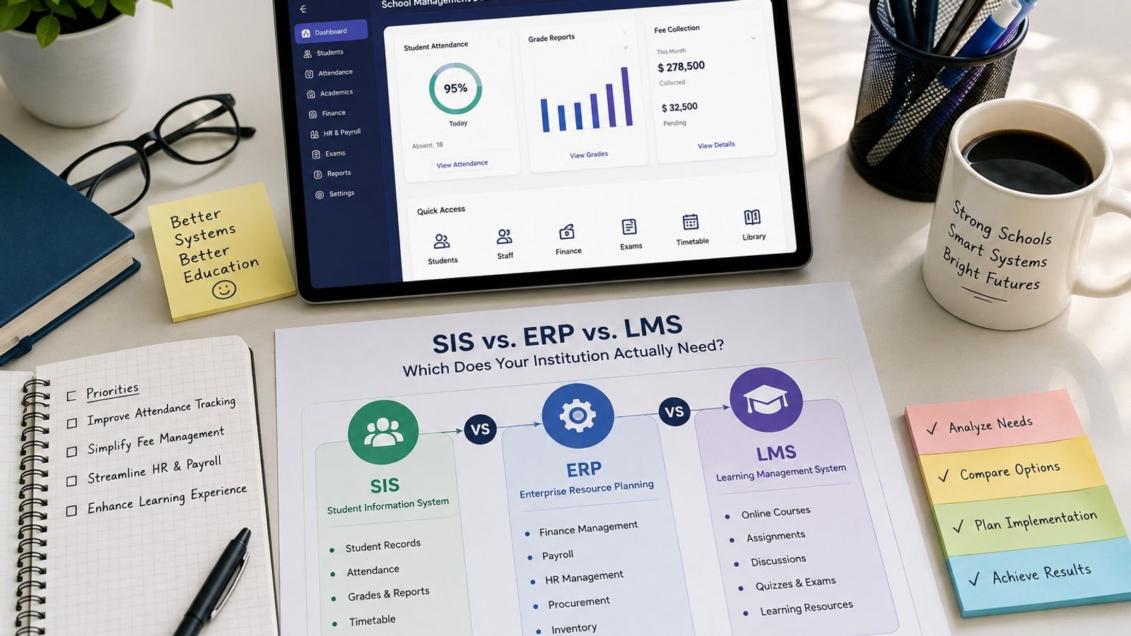 Modern school management software dashboard comparing SIS, ERP, and LMS modules with student records, finance, HR, and online learning features.