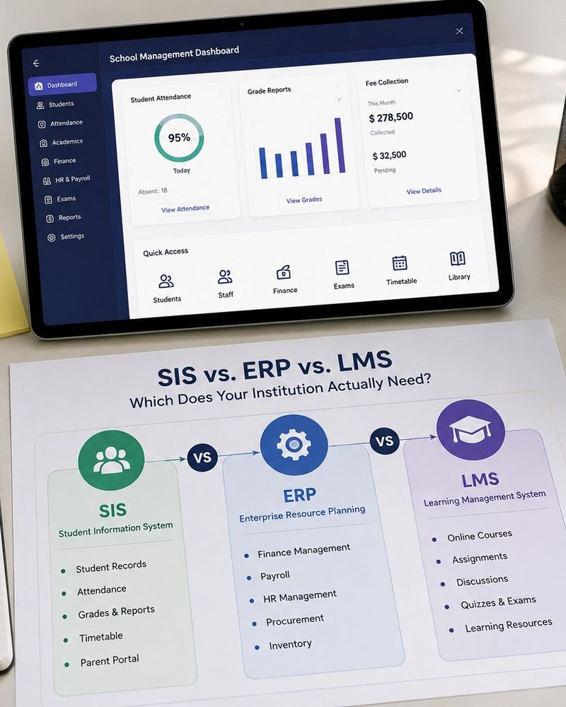 Modern school management software dashboard comparing SIS, ERP, and LMS modules with student records, finance, HR, and online learning features.