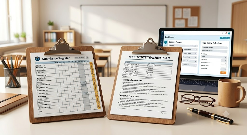 This warm photograph of a teacher's desk visually connects efficient attendance generation with reduced substitute teacher stress.