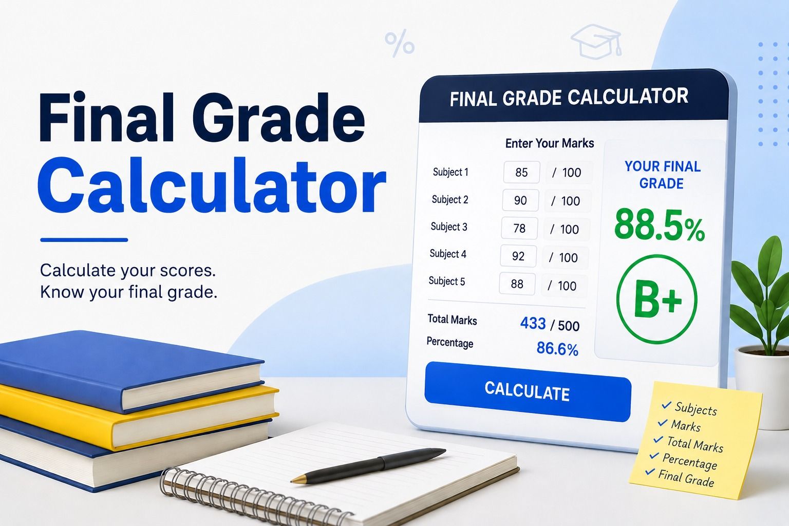Final Grade Calculator tool displaying subject marks, total marks, percentage calculation, and final grade results for students.