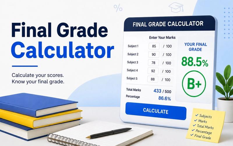 Final Grade Calculator tool displaying subject marks, total marks, percentage calculation, and final grade results for students.