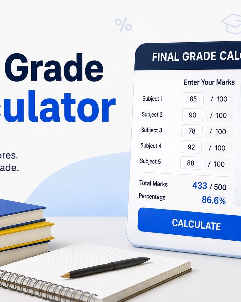 Final Grade Calculator tool displaying subject marks, total marks, percentage calculation, and final grade results for students.