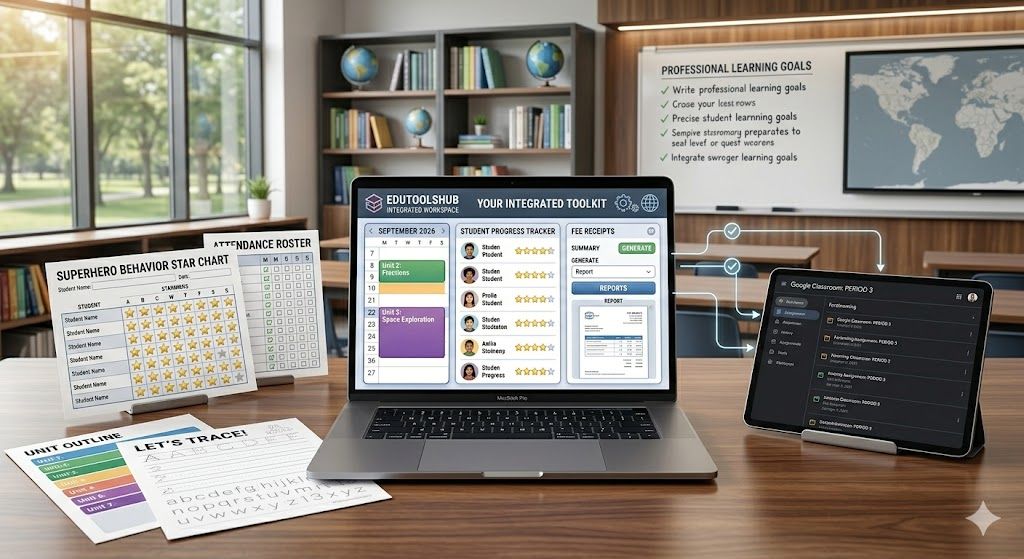 A laptop and tablet on a desk displaying an integrated toolkit of educational resources, surrounded by printable tracing sheets, receipts, and attendance charts.