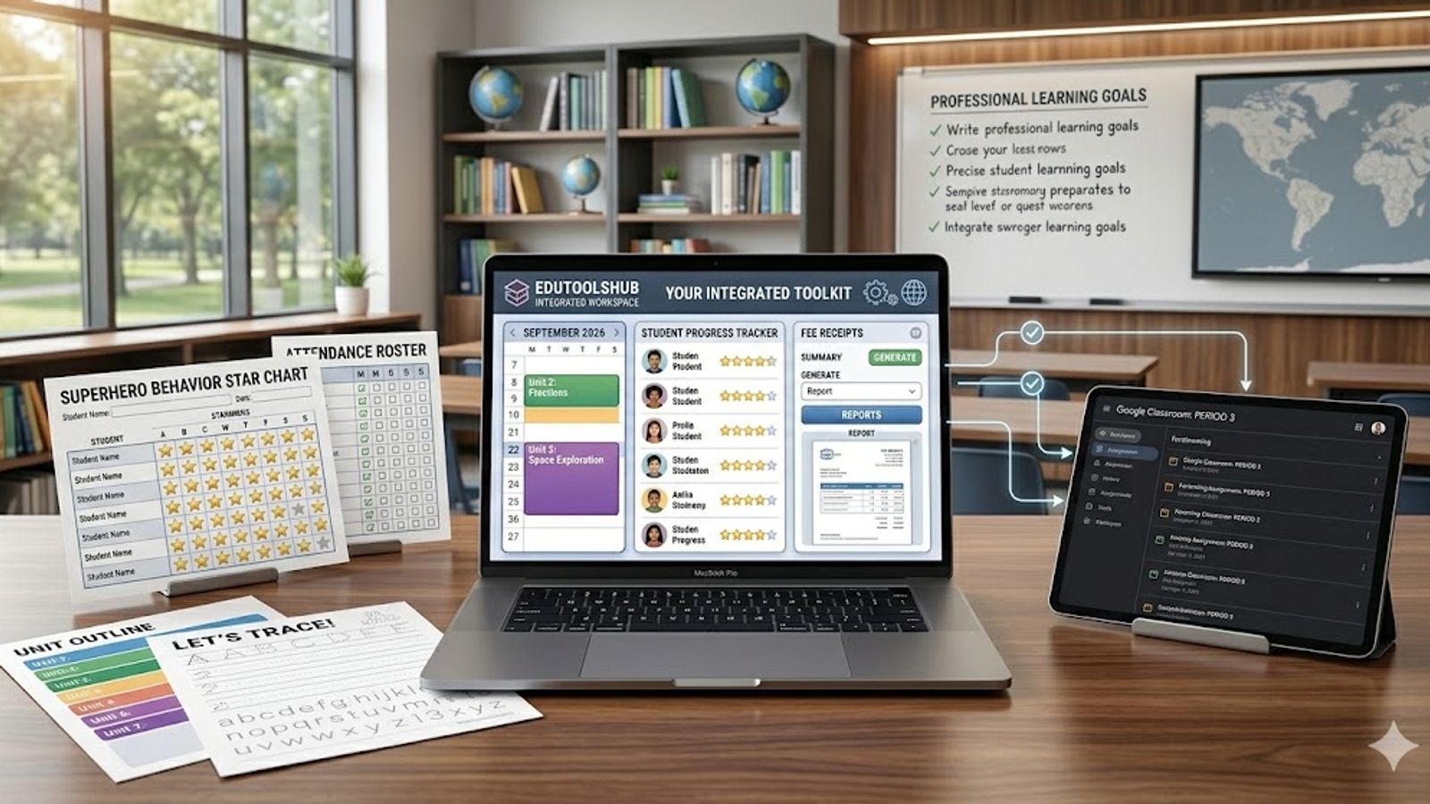 A laptop and tablet on a desk displaying an integrated toolkit of educational resources, surrounded by printable tracing sheets, receipts, and attendance charts.