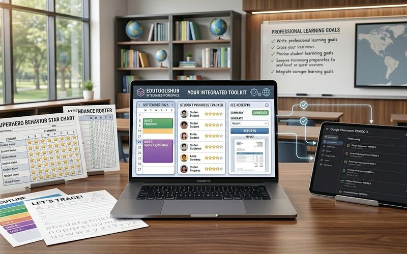 A laptop and tablet on a desk displaying an integrated toolkit of educational resources, surrounded by printable tracing sheets, receipts, and attendance charts.