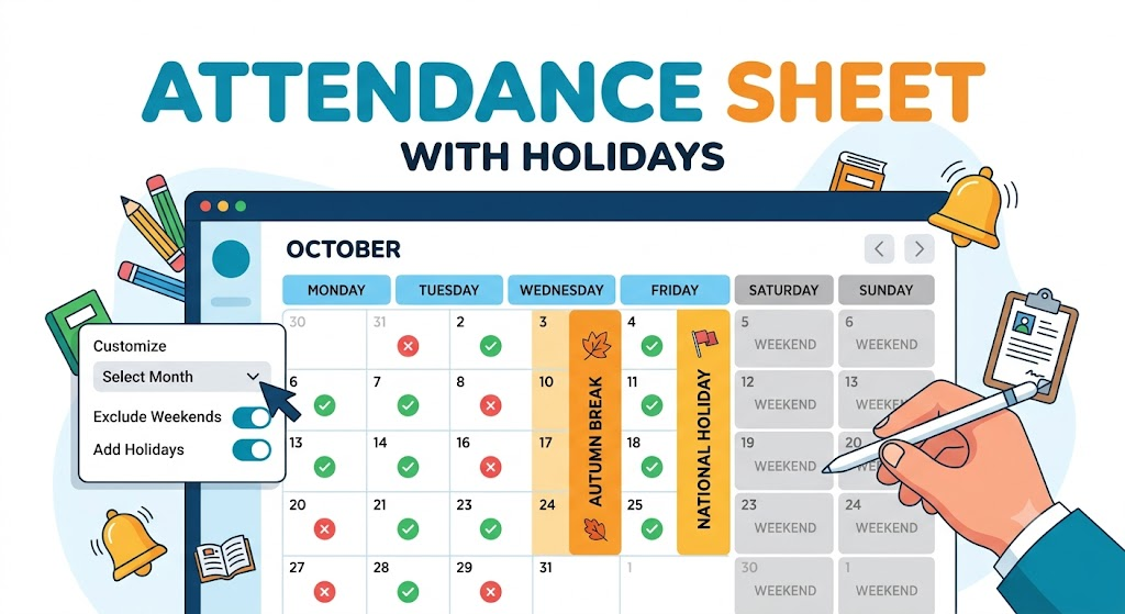 A teacher's hand interactively creating a monthly attendance sheet on a clean digital calendar interface with holiday highlights.