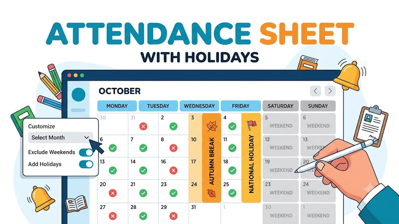 A teacher's hand interactively creating a monthly attendance sheet on a clean digital calendar interface with holiday highlights.
