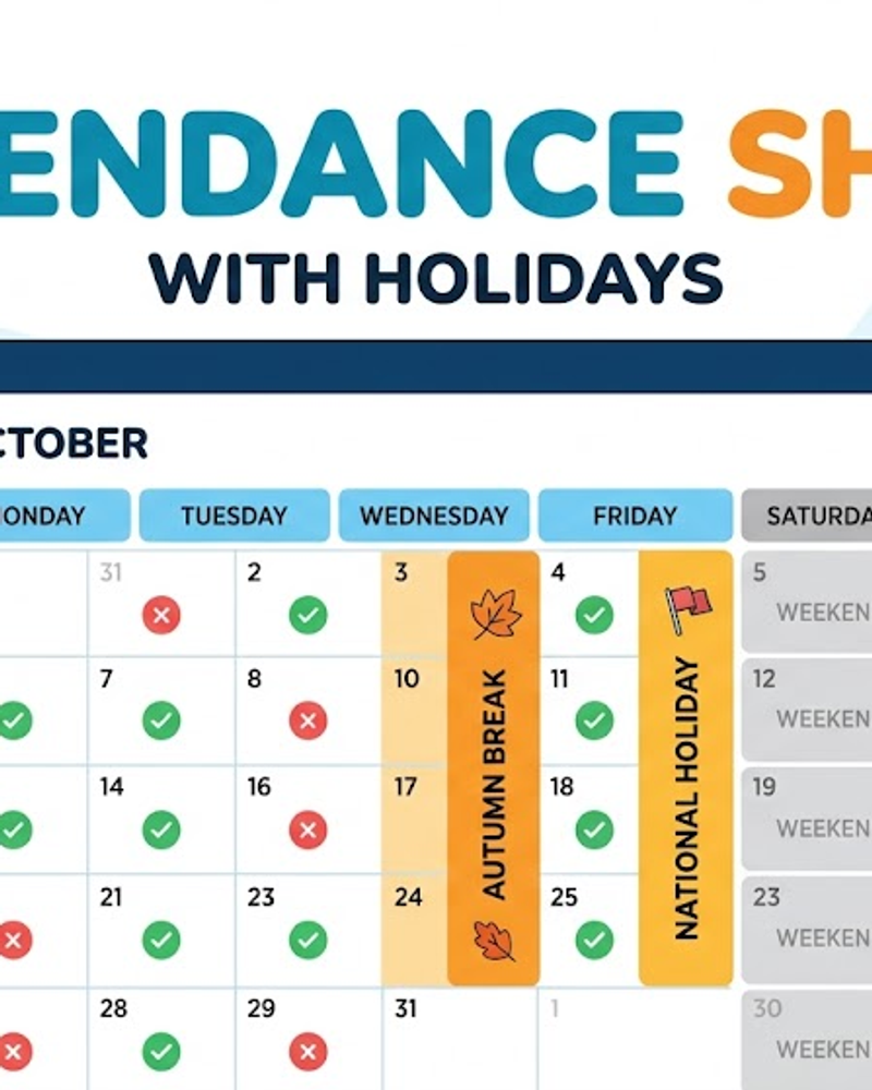 A teacher's hand interactively creating a monthly attendance sheet on a clean digital calendar interface with holiday highlights.