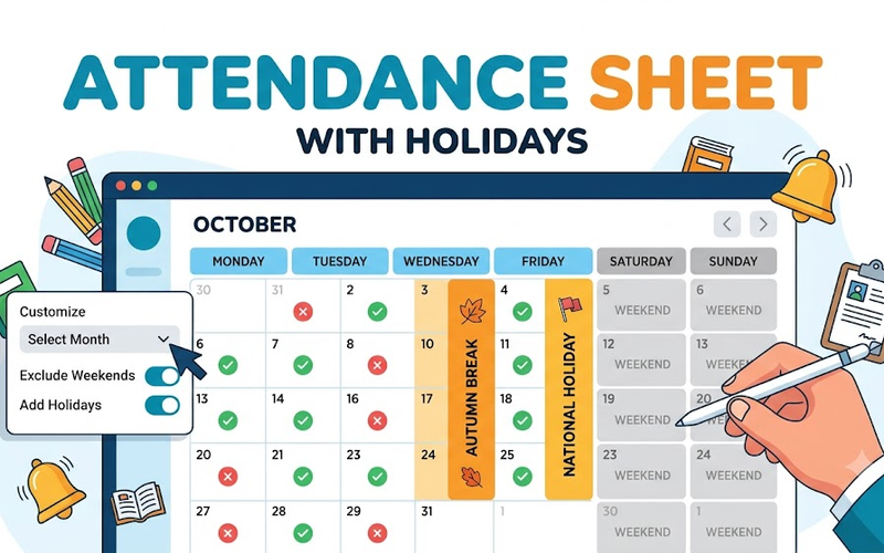 A teacher's hand interactively creating a monthly attendance sheet on a clean digital calendar interface with holiday highlights.