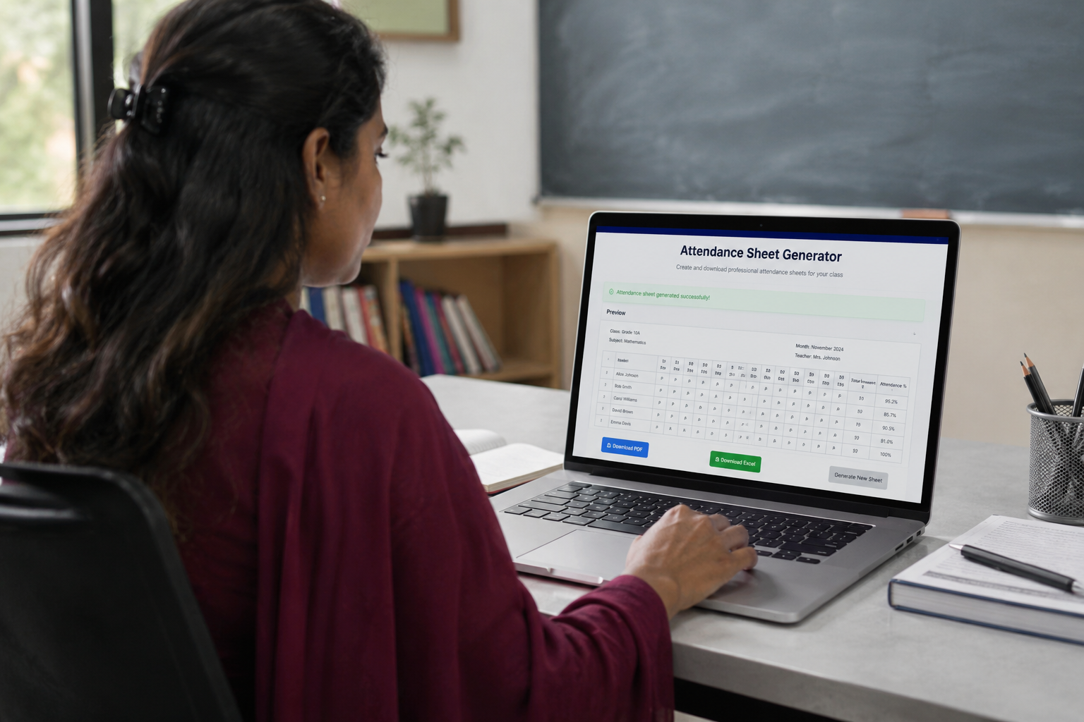 A teacher using a laptop to generate and download a digital attendance sheet for their class
