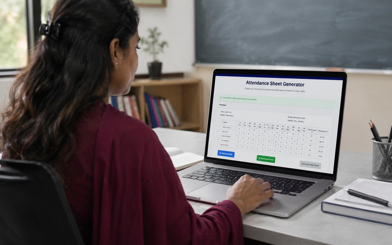 A teacher using a laptop to generate and download a digital attendance sheet for their class