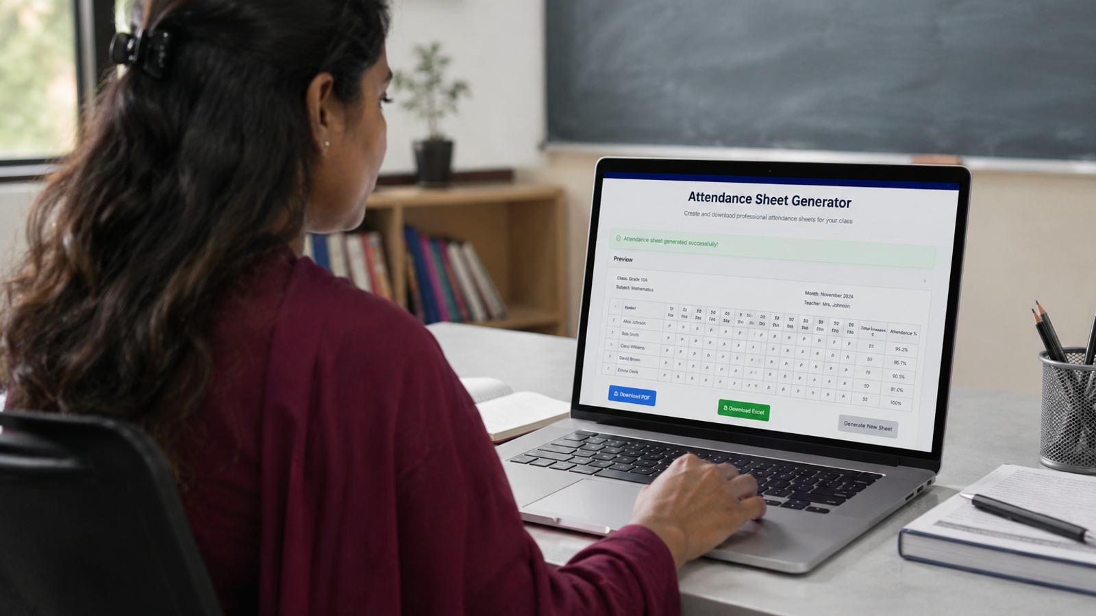 A teacher using a laptop to generate and download a digital attendance sheet for their class