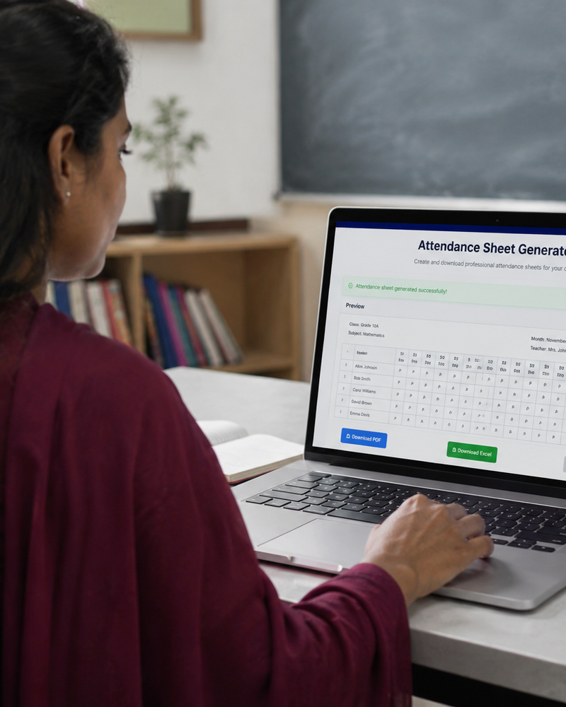 A teacher using a laptop to generate and download a digital attendance sheet for their class