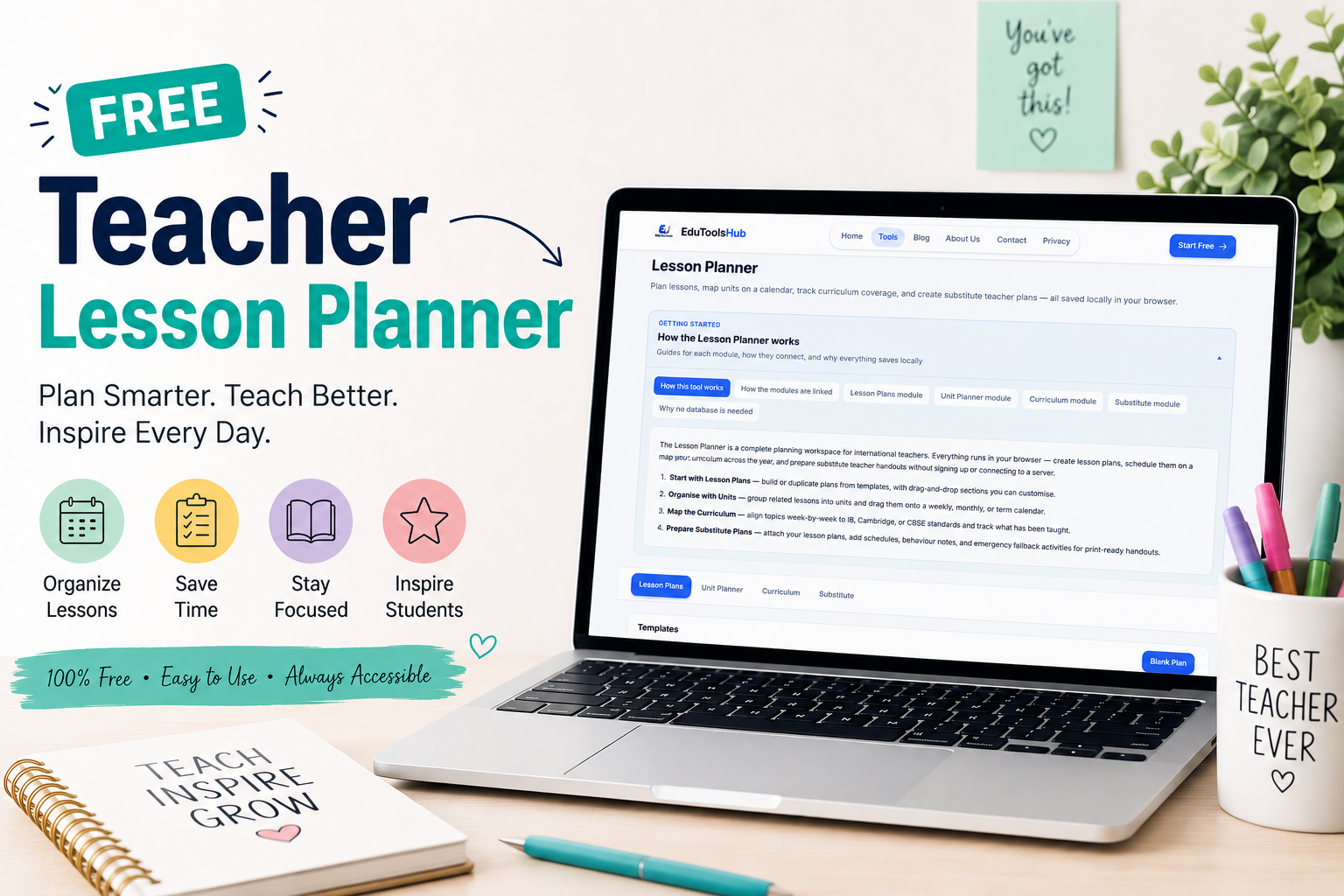 Teacher Lesson Planner tool displayed on a laptop screen with lesson planning, curriculum mapping, and classroom organization features for teachers.