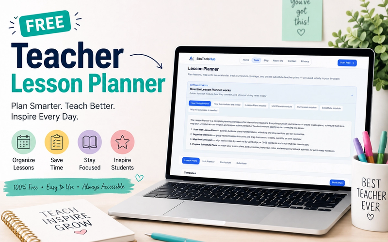 Teacher Lesson Planner tool displayed on a laptop screen with lesson planning, curriculum mapping, and classroom organization features for teachers.