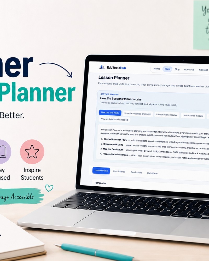 Teacher Lesson Planner tool displayed on a laptop screen with lesson planning, curriculum mapping, and classroom organization features for teachers.