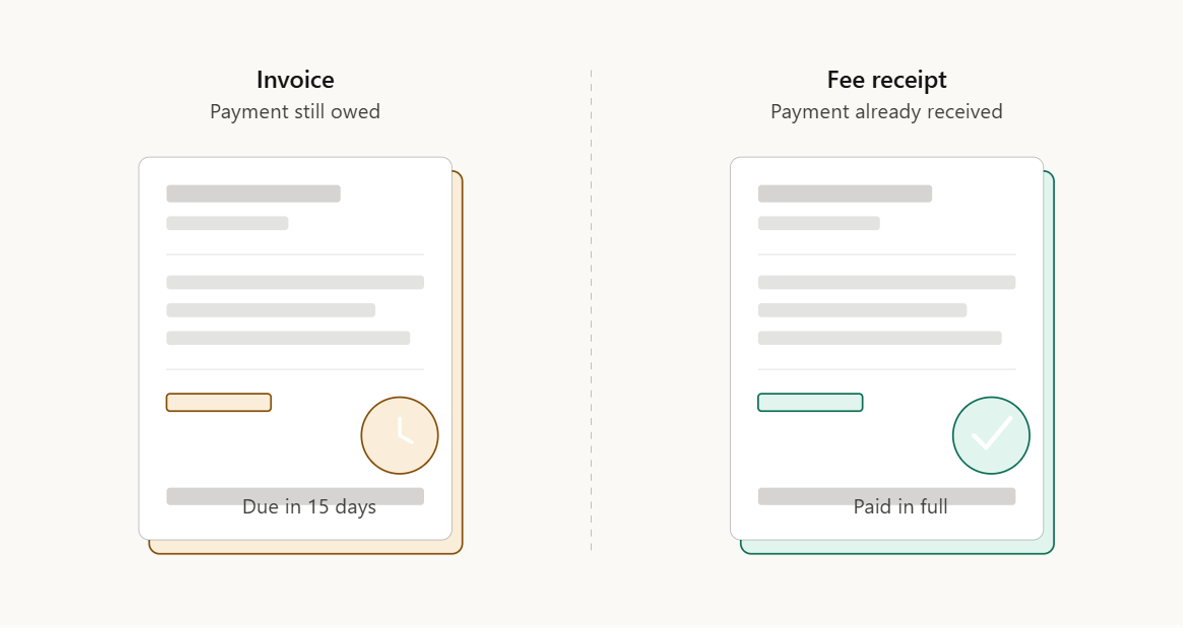 Fee receipt vs invoice comparison showing payment due on an invoice and payment received on a fee receipt