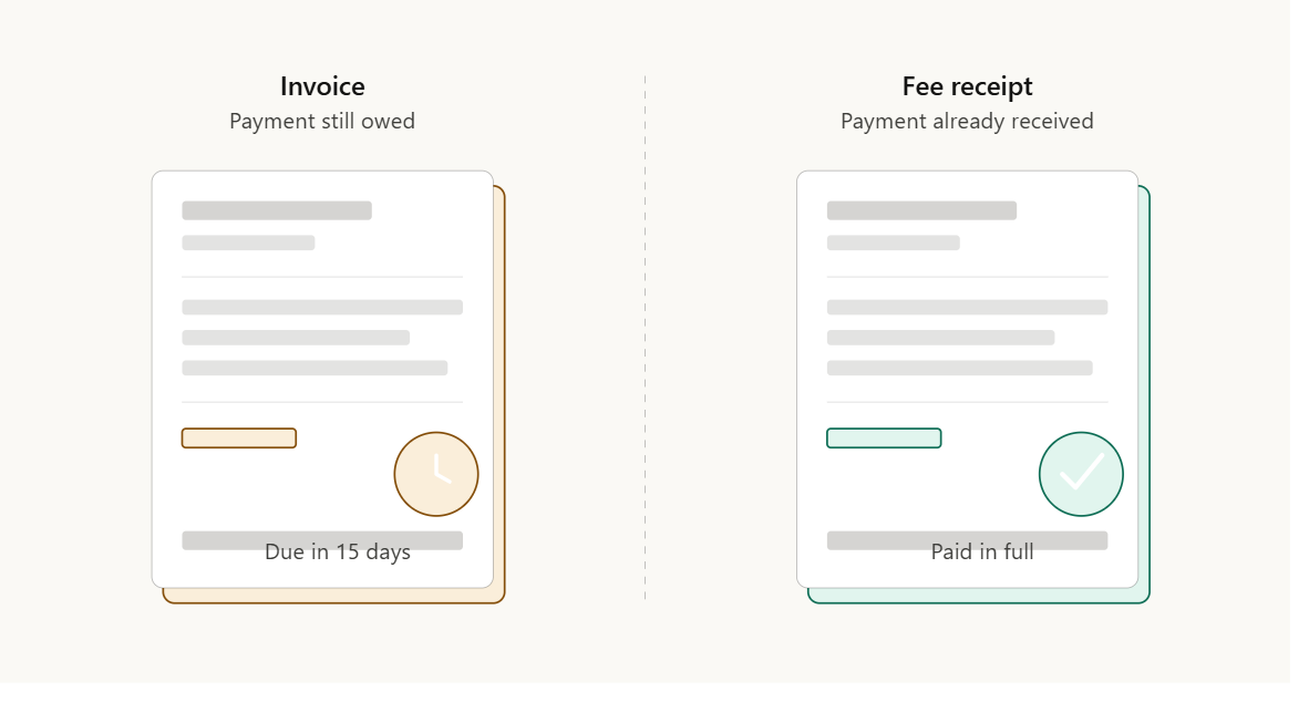 Fee receipt vs invoice comparison showing payment due on an invoice and payment received on a fee receipt