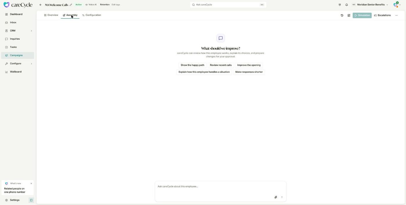 Assembly's starting view, offering prompts like "Show the happy path" and "Improve the opening"